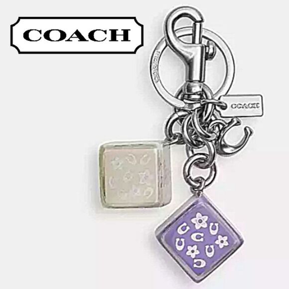 Coach Floral Cube/Dice Keychain Bag Charm in Lavender and Silver - Picture 1 of 8